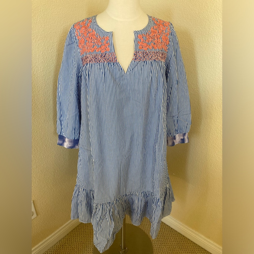 NWT J. Crew Popover Blue White striped with coral embroidery dress Size S